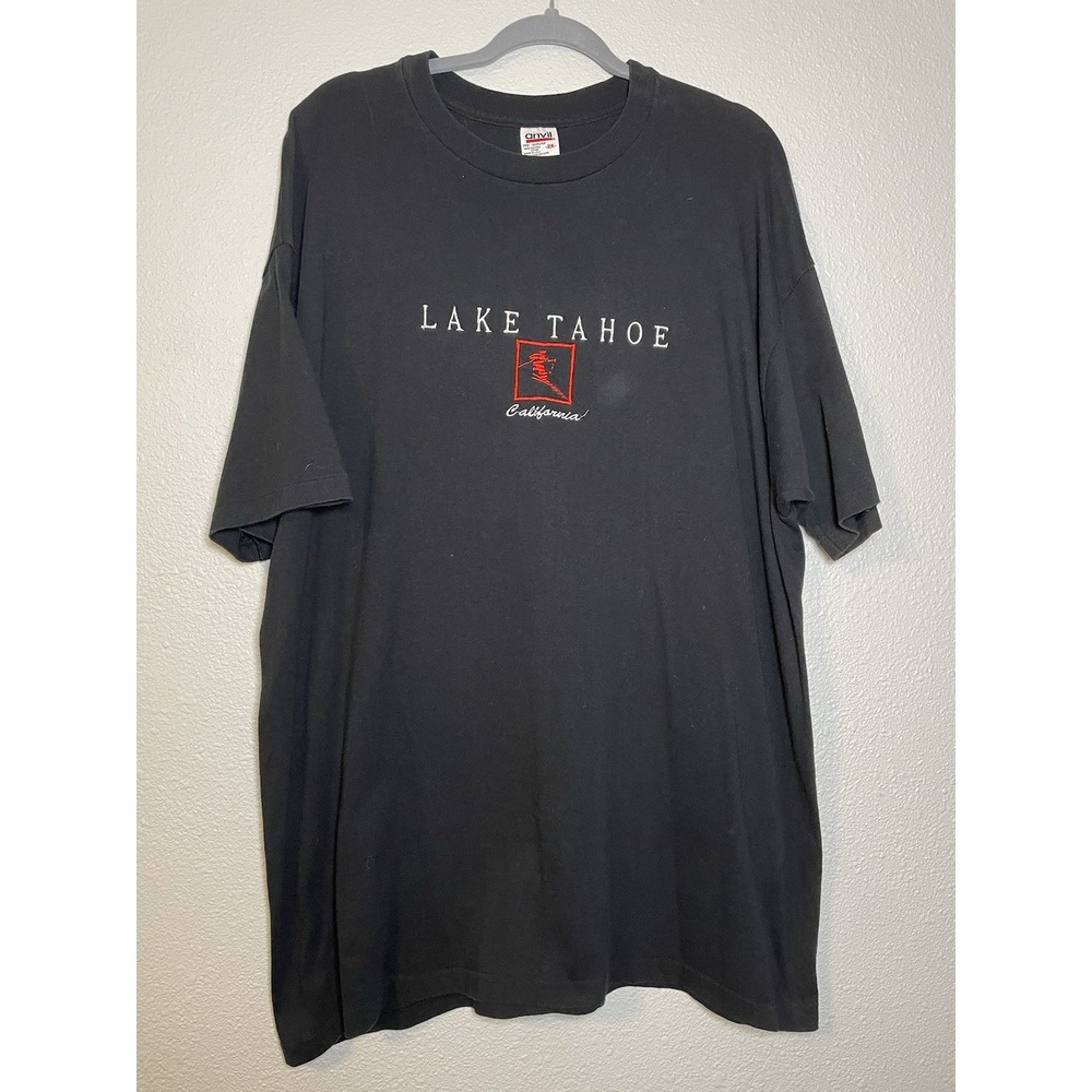 Vintage Lake Tahoe Black T Shirt Embroidered Size 2X Anvil Tag